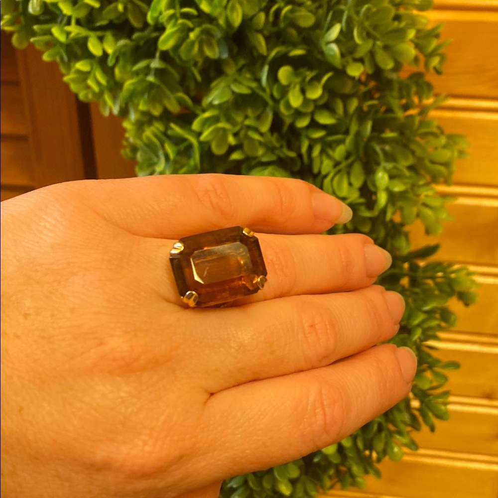 Vintage Avon Brown Glass Cushion Cut Gold Ring Size 6